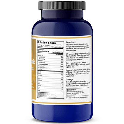 Golden Flax Seeds nutrition facts label highlighting Organic Gluten Free Plant Protein benefits.