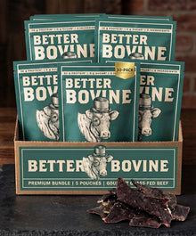 Pack of 30 - Bundle Grass-fed Beef Jerky in a box with individual pouches displayed.