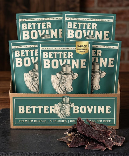 Pack of 5 - Bundle Grass-fed Beef Jerky in eco-friendly packaging with beef jerky snacks displayed.