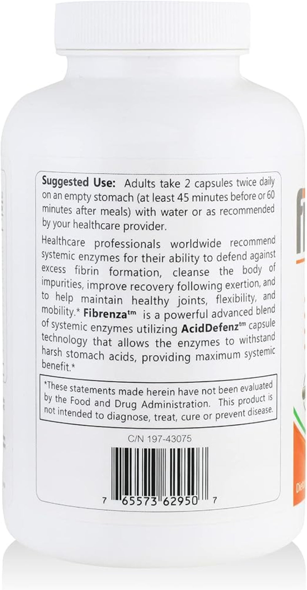 Fibrenza Anti-inflammatory Enzymes supplement bottle showing suggested use and health benefits.