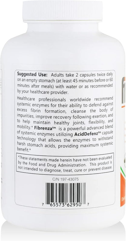 Fibrenza Anti-inflammatory Enzymes supplement bottle showing suggested use and health benefits.