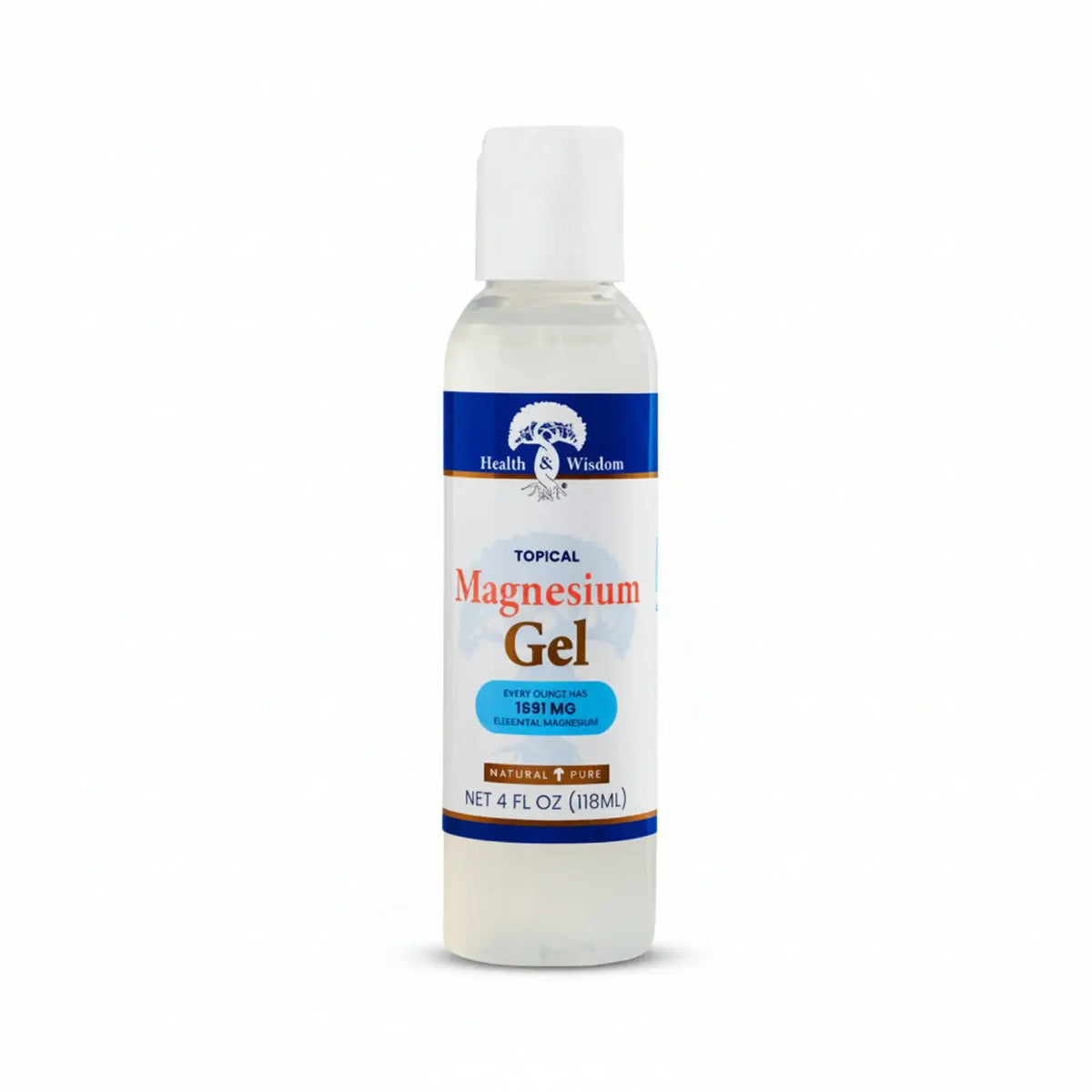 Topical Mineral Relaxation Magnesium Gel by Health and Wisdom in a 4 oz bottle for muscle relaxation.