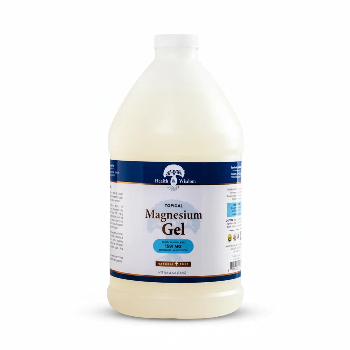 Topical Mineral Relaxation Magnesium Gel by Health and Wisdom in a large bottle with blue and white labeling.