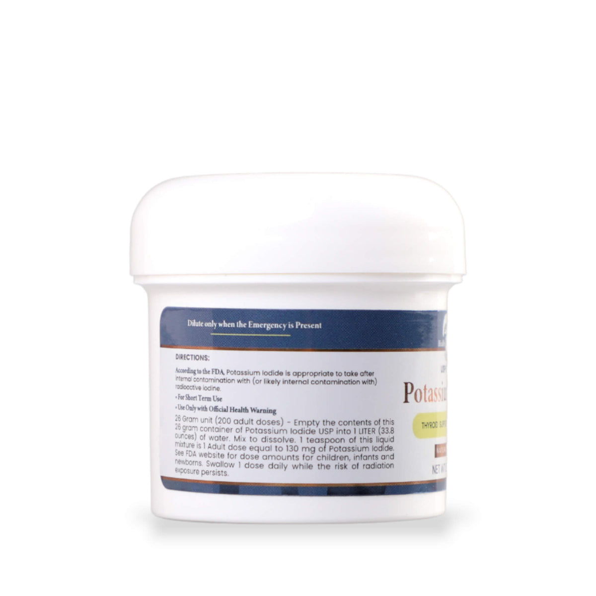 Potassium Iodide container for Emergency Protection for Radiological Events. Trusted safety in emergencies.