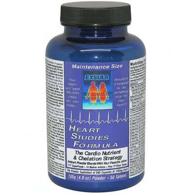 Exsula Heart Studies Formula bottle for Phytosterol Cardiovascular Support, featuring a blue label and powdered supplement.