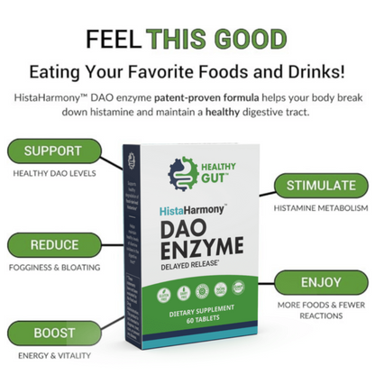 HistaHarmony - DAO Enzyme for Histamine Food Intolerance supplement packaging with benefits highlighted