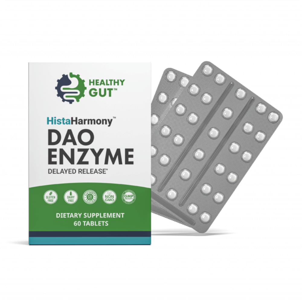 HistaHarmony - DAO Enzyme for Histamine Food Intolerance, dietary supplement with 60 tablets in packaging.