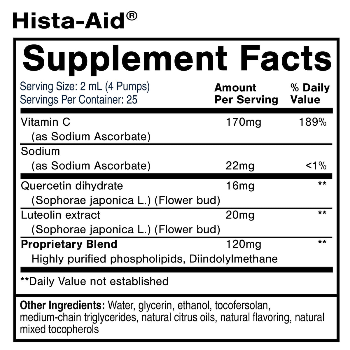 Hista-Aid Liposomal Support for Histamine Intolerance Supplement Facts with nutrients and ingredients list