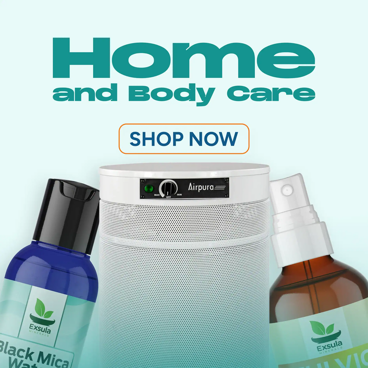 Home and body care category banner and products with Exsula branding and an 'Airpura' air purifier.