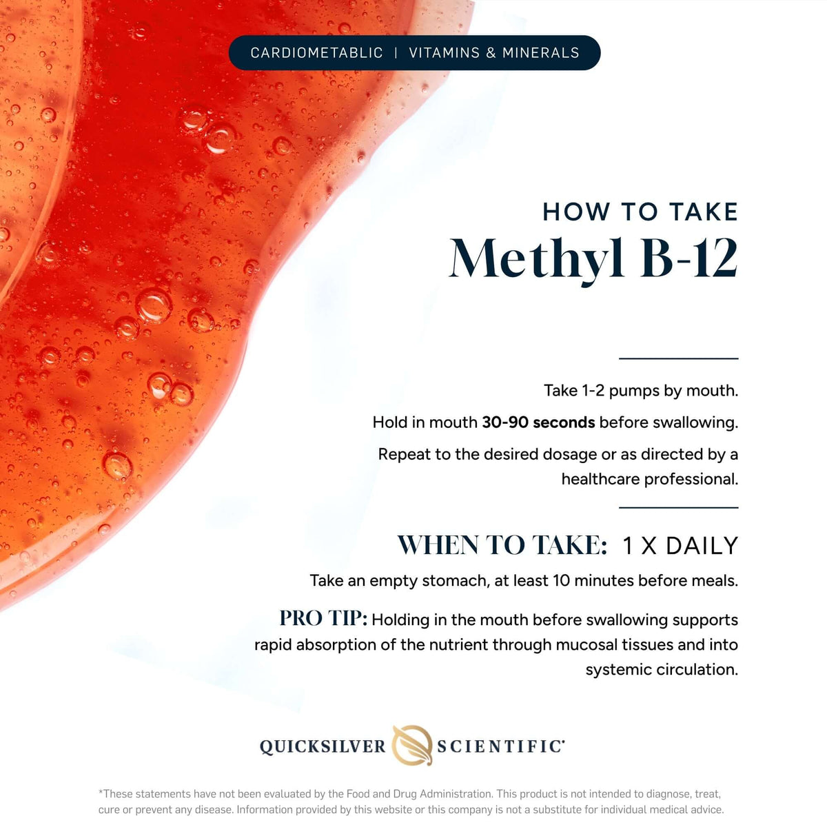 Instructional guide on how to take Methyl B-12 liposomal vitamin for optimal absorption and energy support.