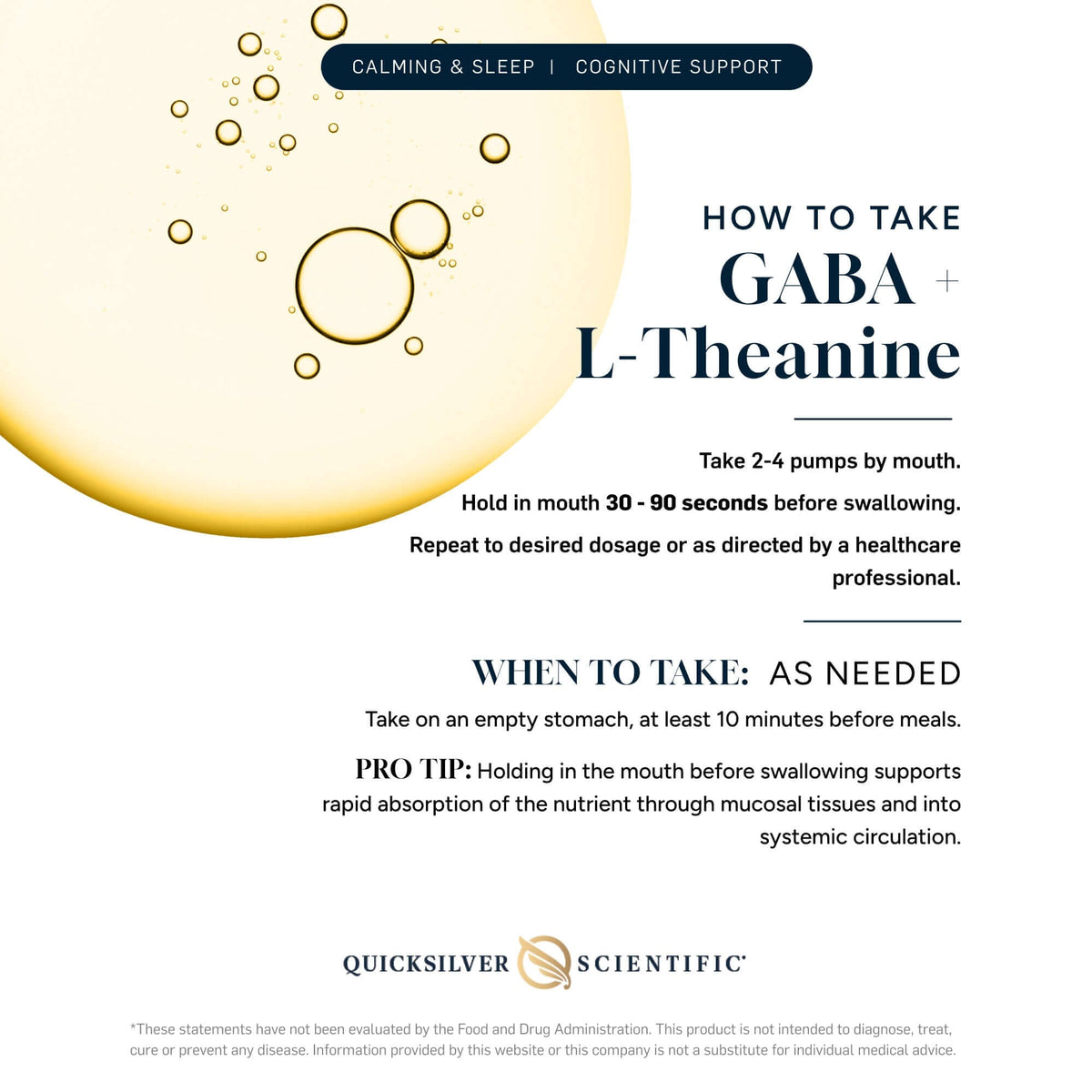 Instructions for taking Liposomal Gamma-aminobutyric Acid and L-Theanine for calming and cognitive support.