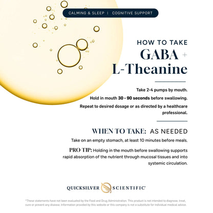 Instructions for taking Liposomal Gamma-aminobutyric Acid and L-Theanine for calming and cognitive support.