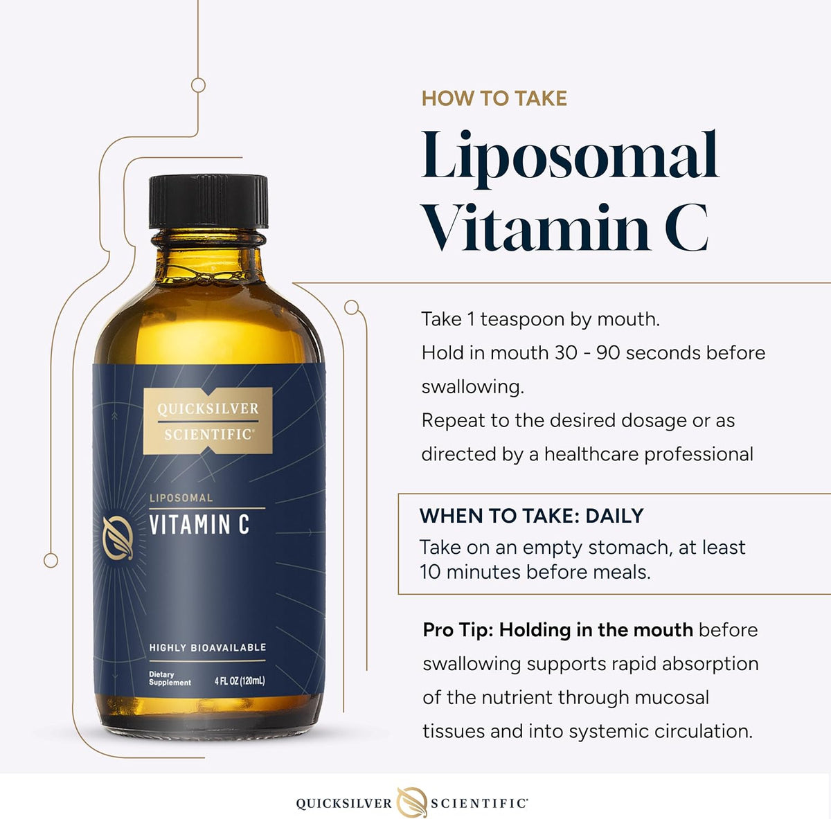 Instructions on how to take Quicksilver Scientific Liposomal Antioxidant Vitamin C for optimal absorption.
