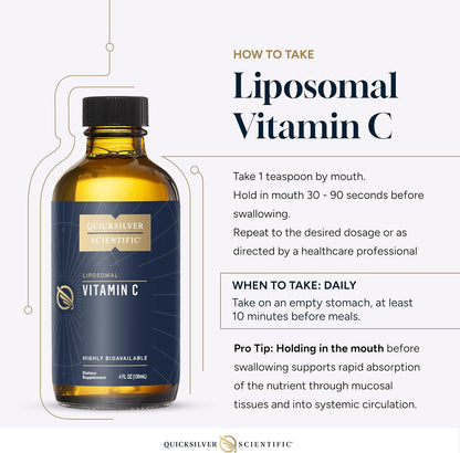 Instructions on how to take Quicksilver Scientific Liposomal Antioxidant Vitamin C for optimal absorption.