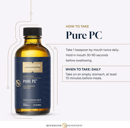 Liposomal Phosphatidylcholine supplement Pure PC by Quicksilver Scientific, showing instructions for usage and bioavailability.