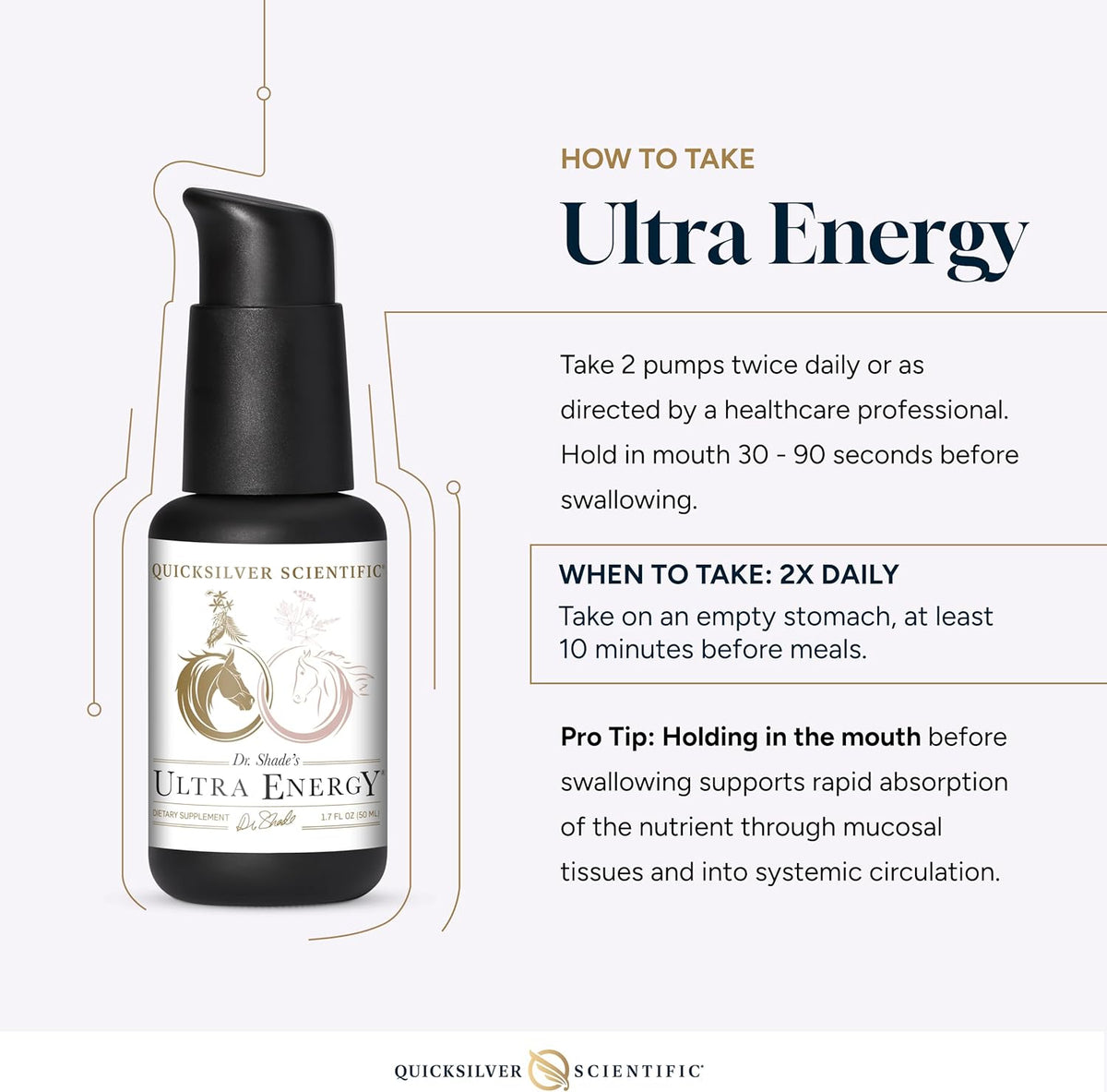 Adaptogenic Herbal Tincture instructions for Quicksilver Scientific Ultra Energy, emphasizing daily use and absorption tips.