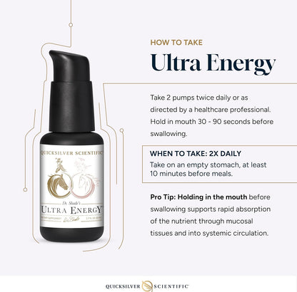 Adaptogenic Herbal Tincture instructions for Quicksilver Scientific Ultra Energy, emphasizing daily use and absorption tips.