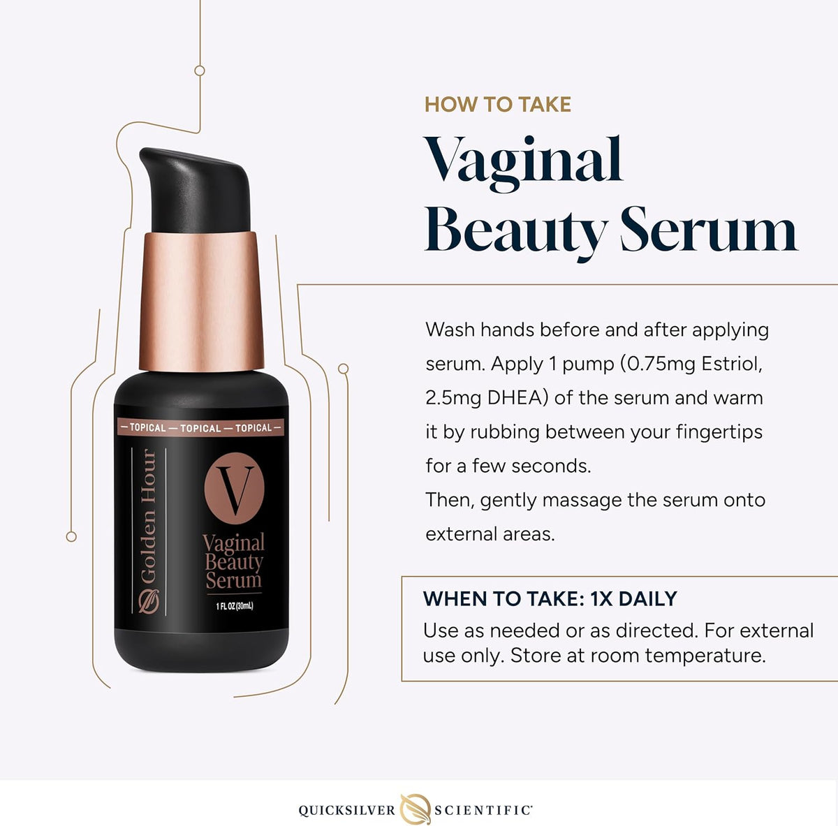 Vaginal Beauty Serum usage instructions for Hydration for Menopause, including application method and dosage information.
