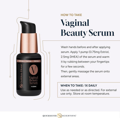Vaginal Beauty Serum usage instructions for Hydration for Menopause, including application method and dosage information.