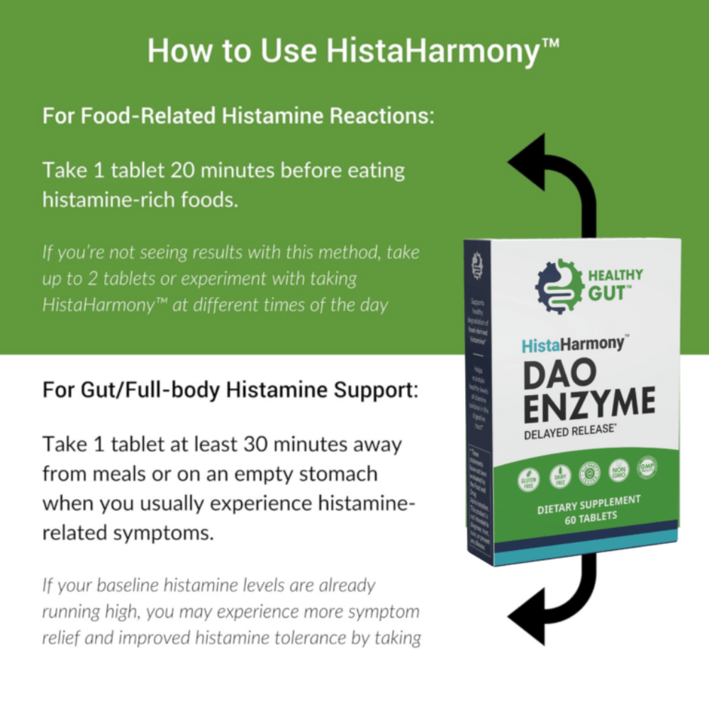 How to use HistaHarmony DAO Enzyme for Histamine Food Intolerance with dosage instructions and benefits.