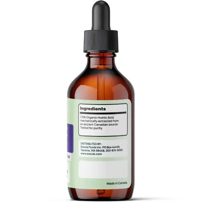 Humic Acid bottle for Digestive and Immune Support, featuring ingredients and extraction details.