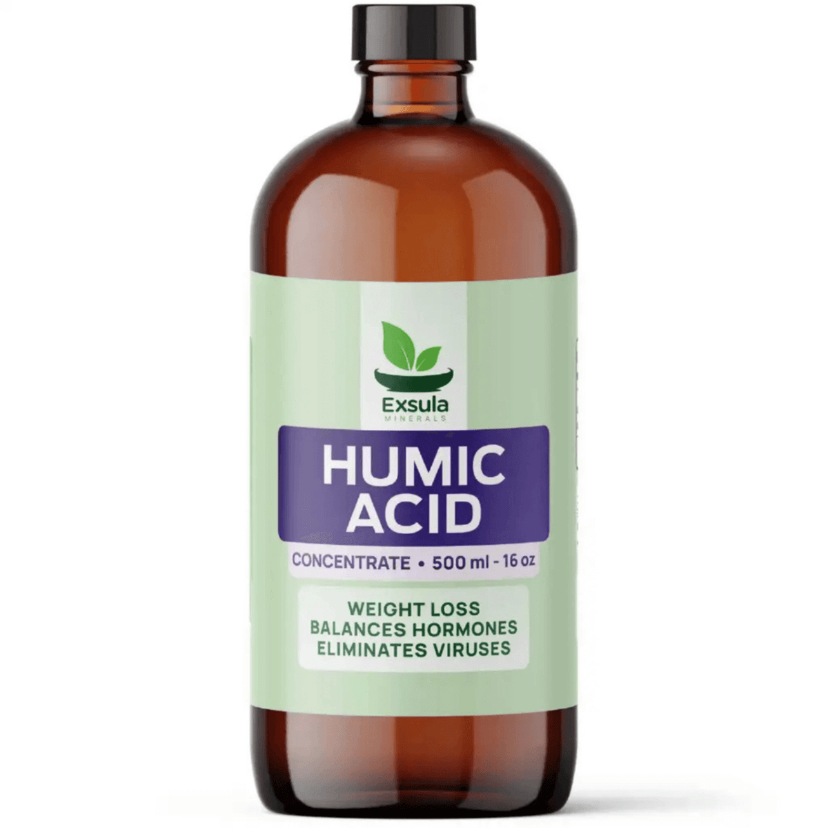 Exsula Minerals Humic Acid concentrate bottle promoting Digestive and Immune Support, 500 ml volume.