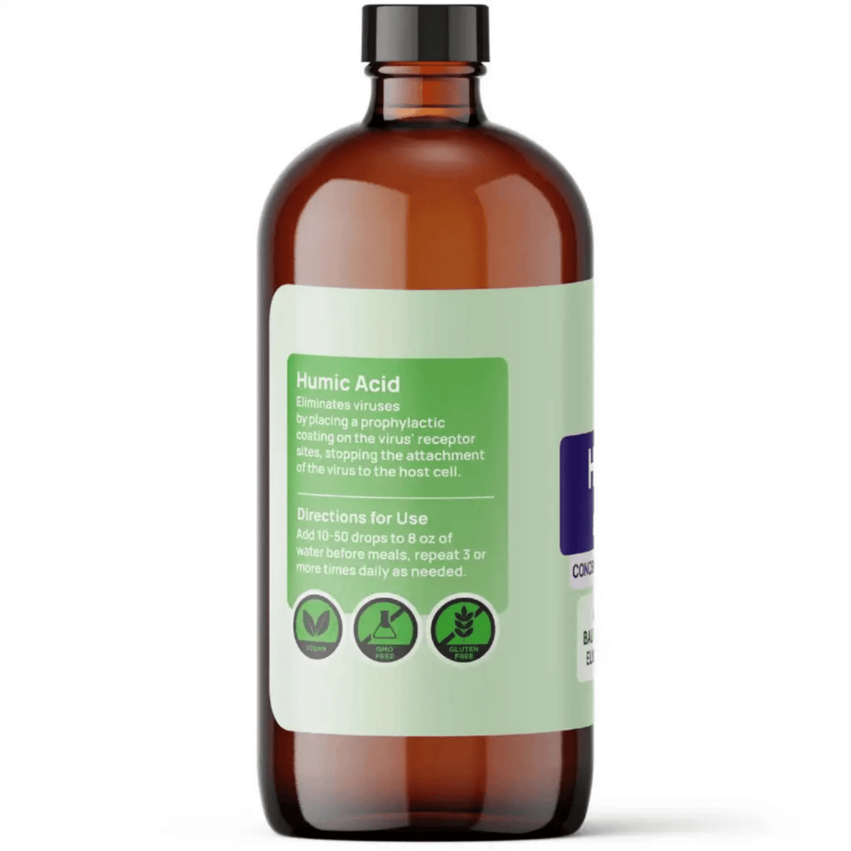 Humic Acid bottle for Digestive and Immune Support with usage directions and health benefits.