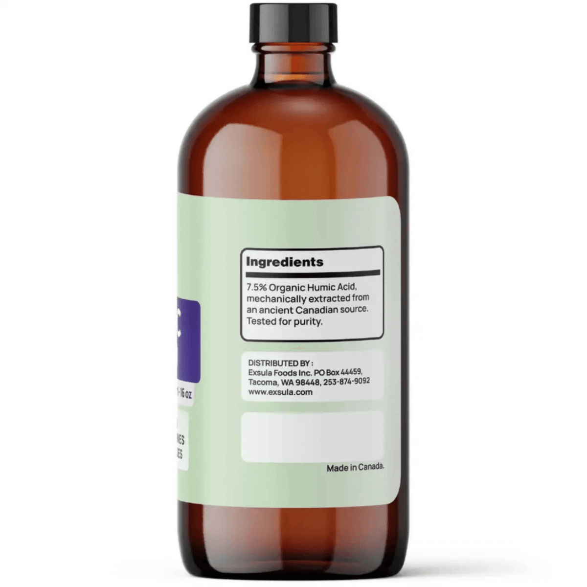 Humic Acid bottle with ingredients list for Digestive and Immune Support, sourced from ancient Canadian deposits.