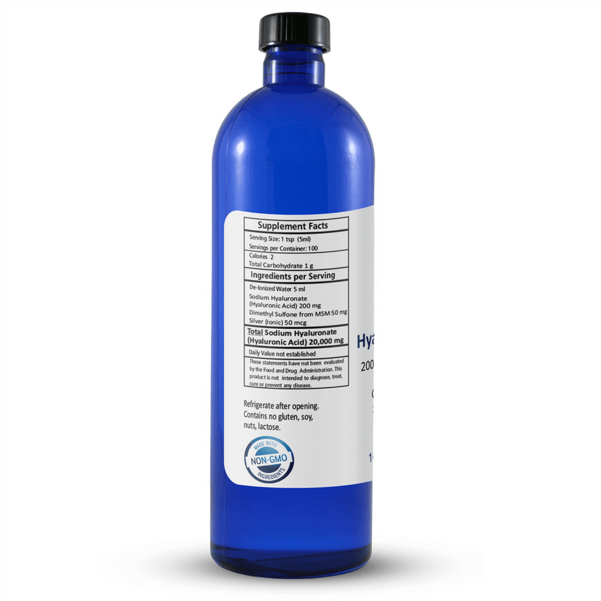 Hyaluronic Acid Liquid bottle showcasing supplement facts and ingredients, promoting Increase Collagen Production.