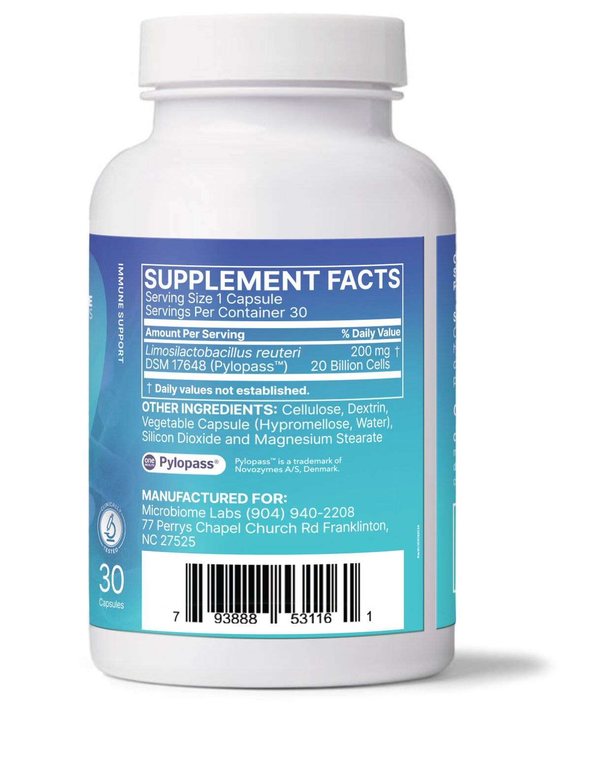 PlyoGuard targeted stomach probiotic supplement facts with capsule details and ingredients from Microbiome Labs