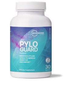 PlyoGuard Targeted Stomach Probiotic supplement bottle by Microbiome Labs.