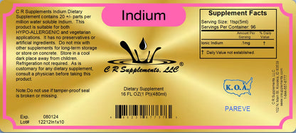 Indium Ionic Liquid Mineral supplement label with supplement facts and usage instructions.