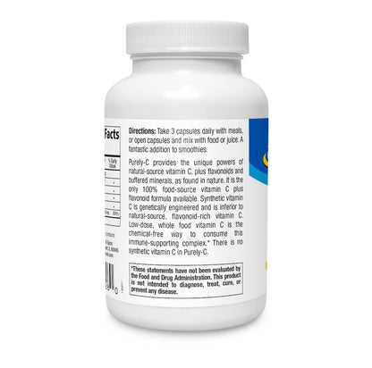 Whole Food Vitamin C Supplement Purely-C bottle with directions and nutrition facts.