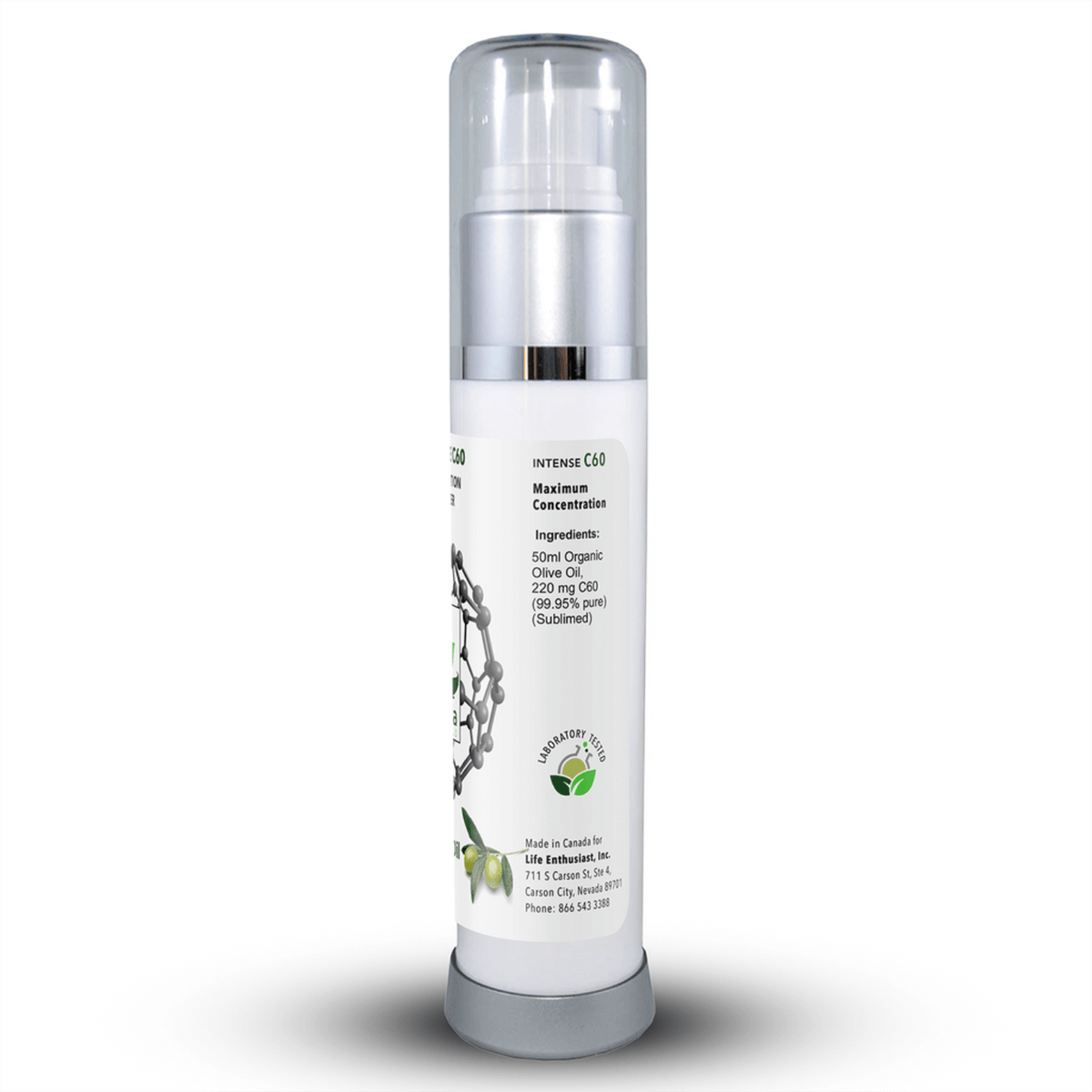 Intense C60 Free Radical Scavenging Supplement bottle with ingredients listed, showcasing maximum concentration.