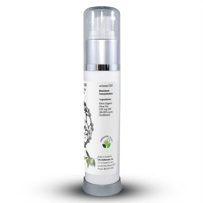 Intense C60 Free Radical Scavenging Supplement bottle with ingredients listed, showcasing maximum concentration.