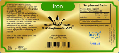 Iron - Ionic Liquid Mineral Supplement label with supplement facts and usage instructions for energy and oxygen transport.