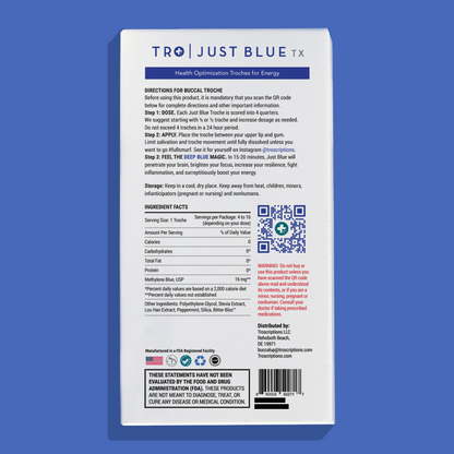 Just Blue Buccal Troches for Mental Focus packaging with dosage instructions and ingredient facts.