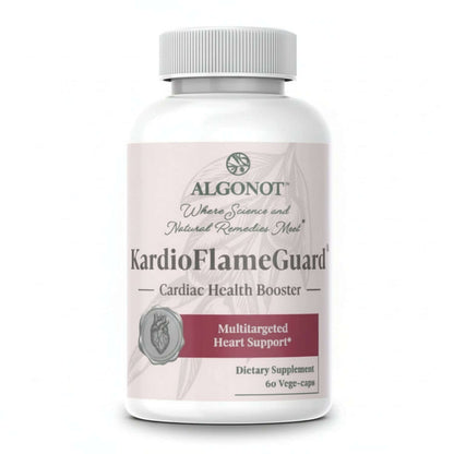 Kardio Flame Guard bottle for Cardiovascular Health Supplement by Algonot, promoting cardiac health and heart support.