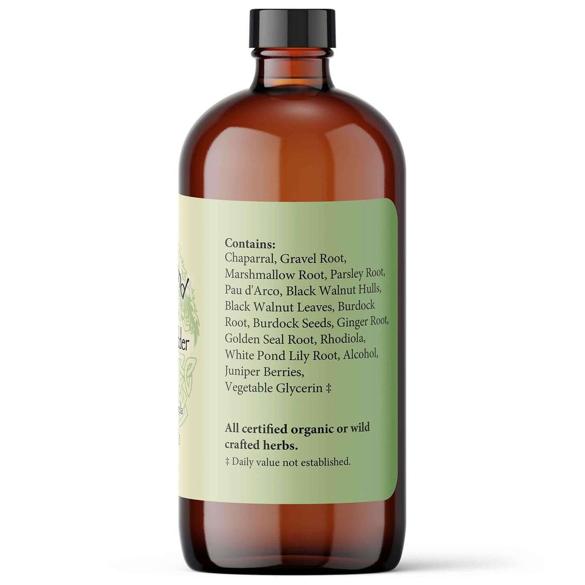 Kidney Bladder-Ease plant extracts for bladder wall soothing herbal tincture ingredients list on amber bottle.