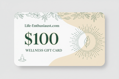 Holistic Health Voucher design on a $100 Wellness Gift Card from Life-Enthusiast.com with leaf and sun illustrations.