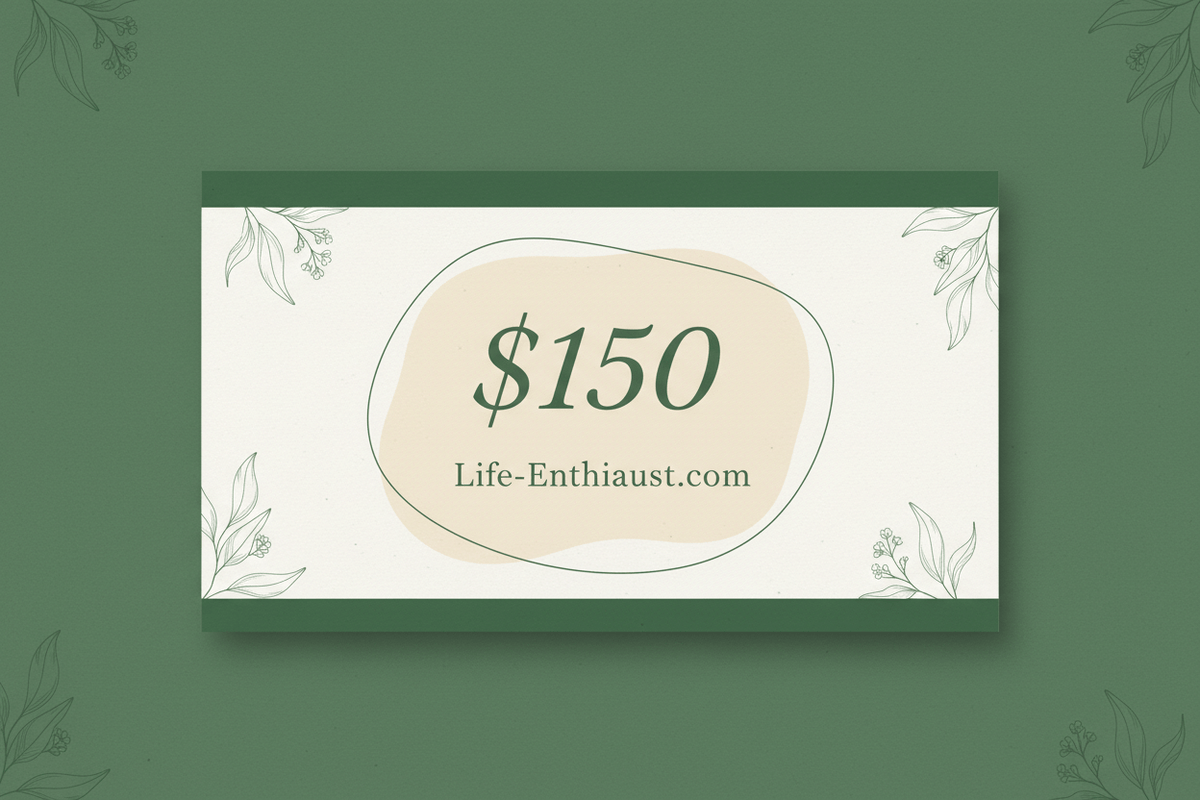 $150 Holistic Health Voucher from Life-Enthiaust.com, elegantly designed gift card for wellness.