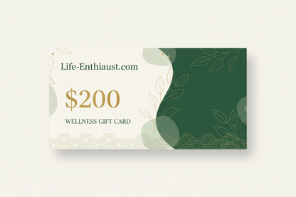 $200 Holistic Health Voucher design on a $100 Wellness Gift Card from Life-Enthusiast.com with leaf and sun illustrations. Holistic Health Voucher from Life-Enthiaust.com for holistic health and wellness solutions.