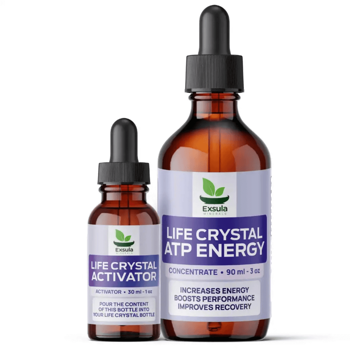 Two bottles of Exsula Superfoods Natural ATP Synthesis Support Liquid and activator for energy and performance.