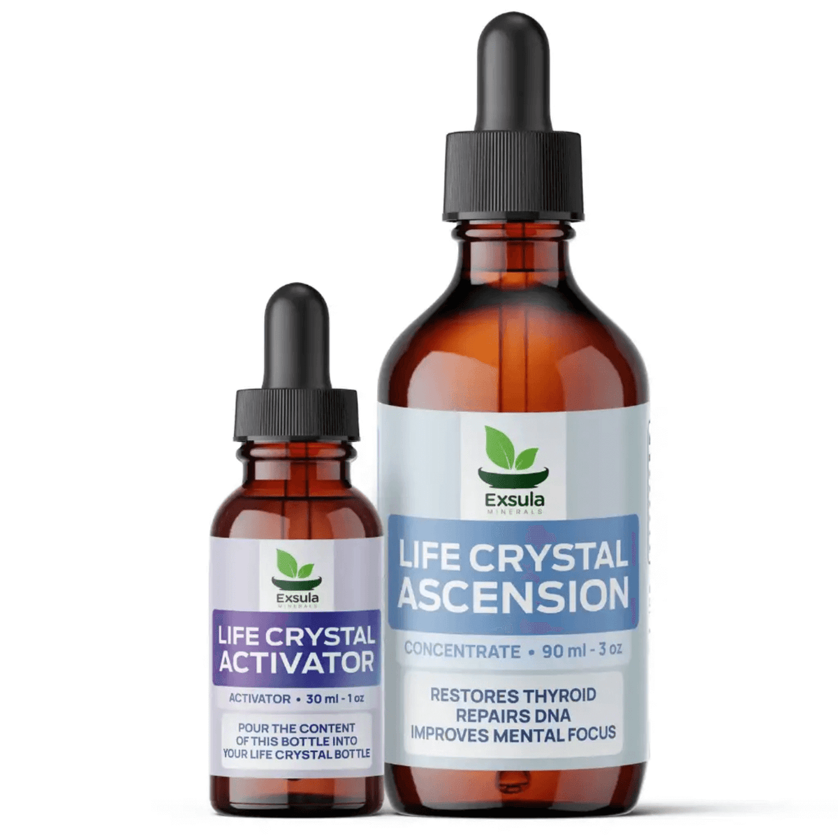 Ascension - Liquid Elements for Pineal Gland by Exsula, featuring Life Crystal Activator and Concentrate bottles.