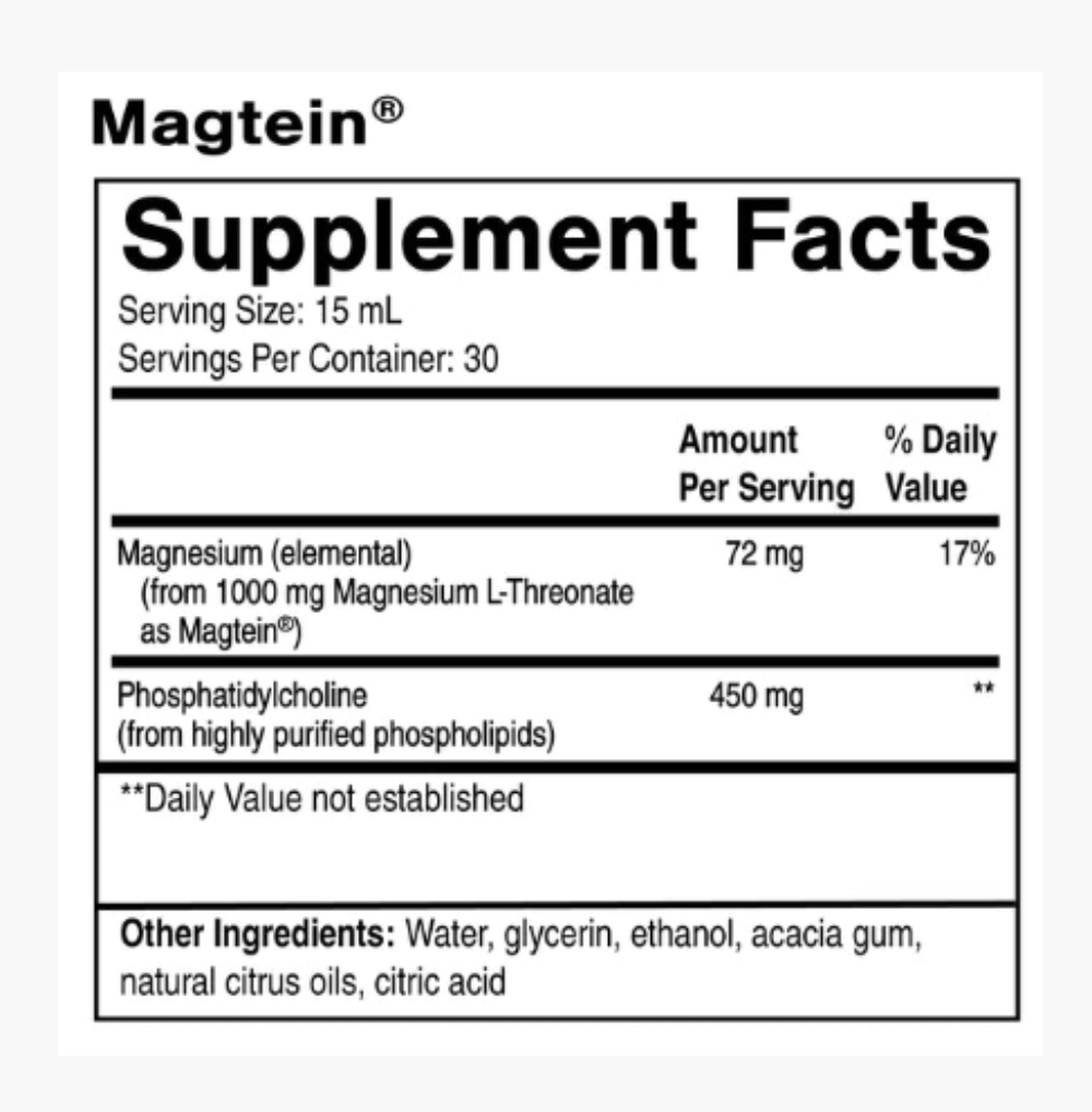 Liposomal Magtein supplement facts panel highlighting magnesium and phosphatidylcholine amounts.