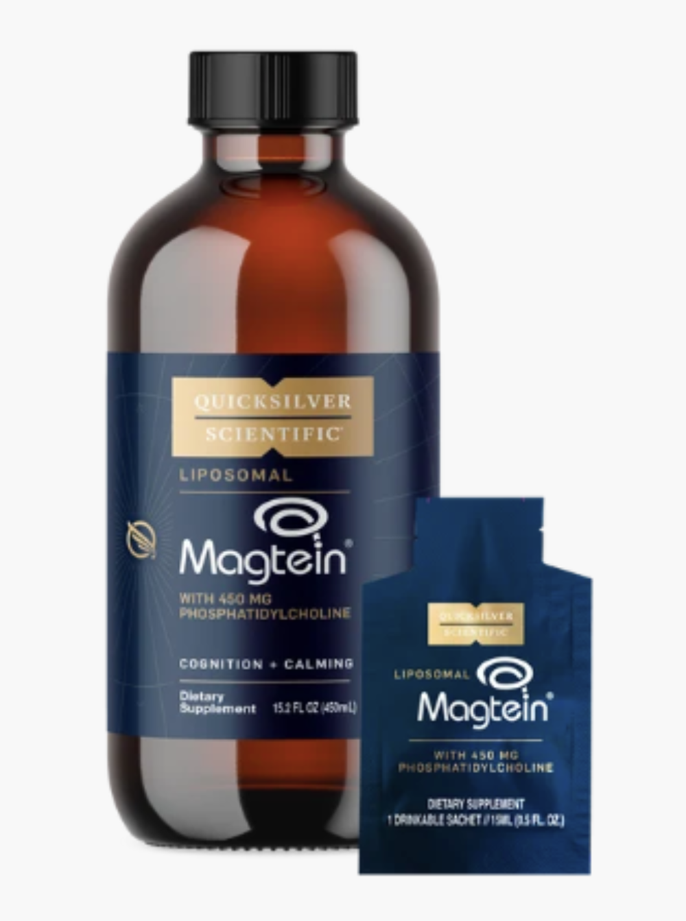Liposomal Magtein bottle and packet with 450 mg of magnesium for cognitive support and relaxation.