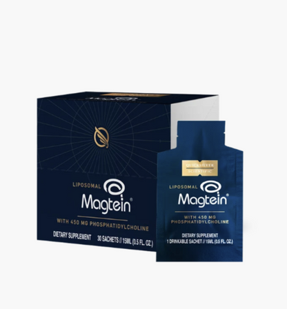 Liposomal Magtein dietary supplement packaging with individual sachets for cognitive support.