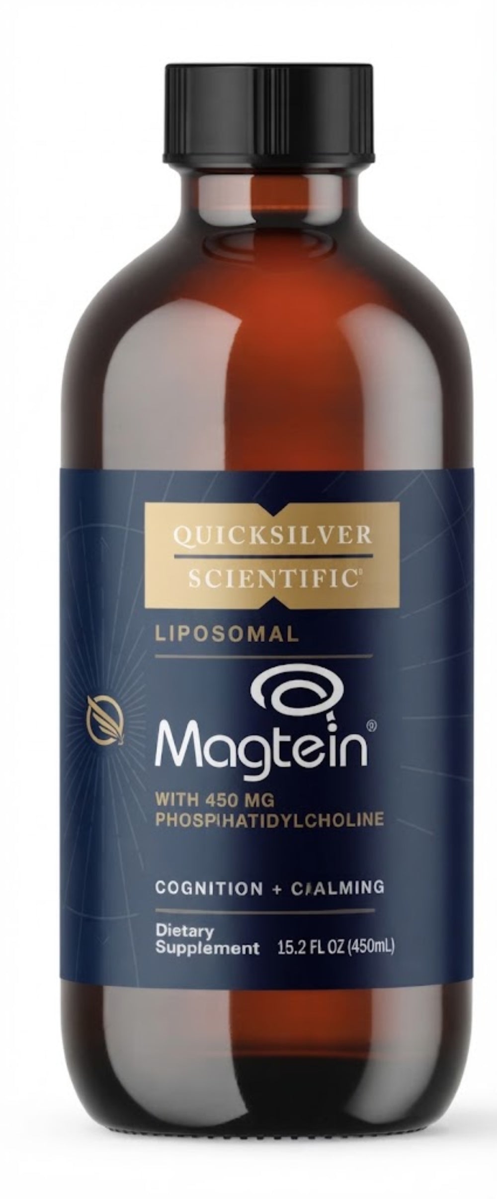 Liposomal Magtein bottle featuring 450 mg of phosphatidylcholine, designed for cognitive clarity and calming effects.