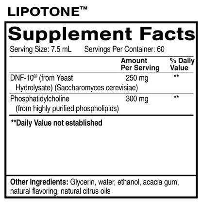 Liposomal Appetite Control supplement facts label for LipoTone, highlighting key ingredients and serving details.