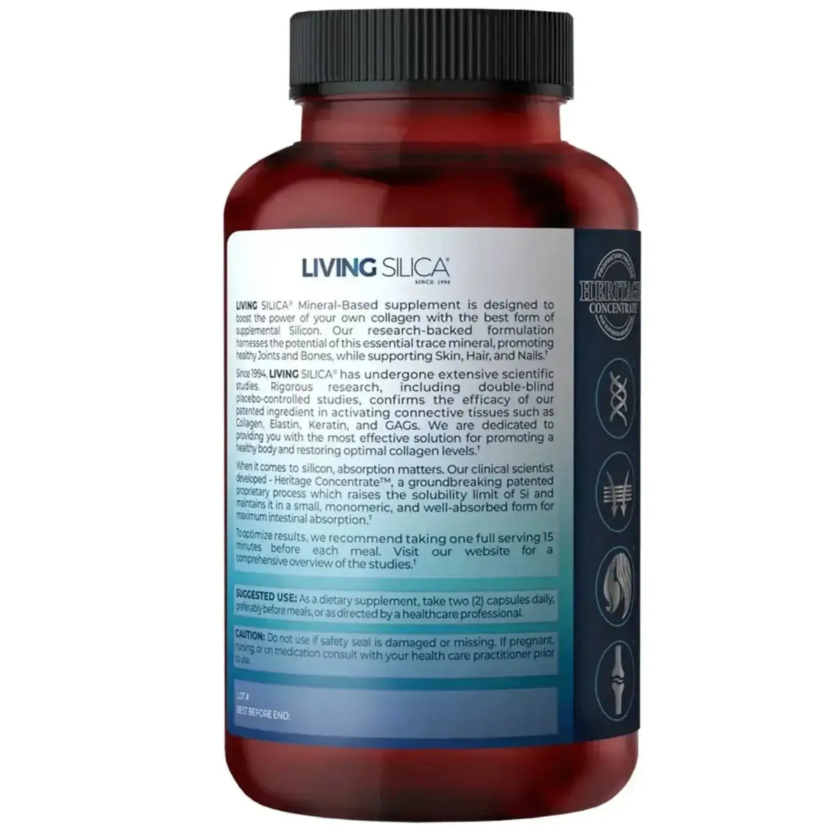 Living Silica Collagen Booster featuring Monomethylsilanetriol for improved collagen production and joint comfort.